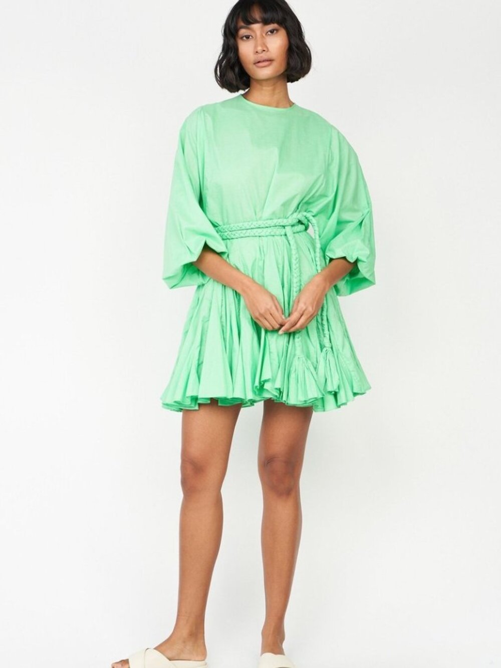 RHODE Ella Solid Cotton-Poplin Flounced Mini Tunic Dress in Bright Green Size XS